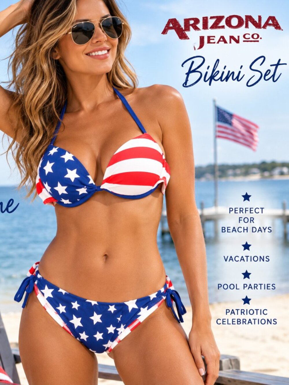 Arizona Jean Co. American Flag M/L Set Red White Blue Stars Patriotic Bikini